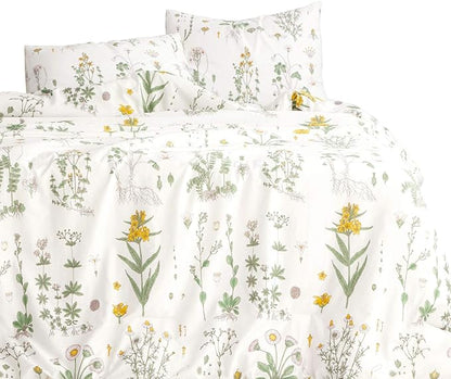 Wake In Cloud - Botanical Comforter Set, 100% Cotton Fabric, Floral Flower Cottagecore Neutral Shabby Chic Coquette Aesthetic, 3 Pieces Bedding Set, Yellow Green, Full Size