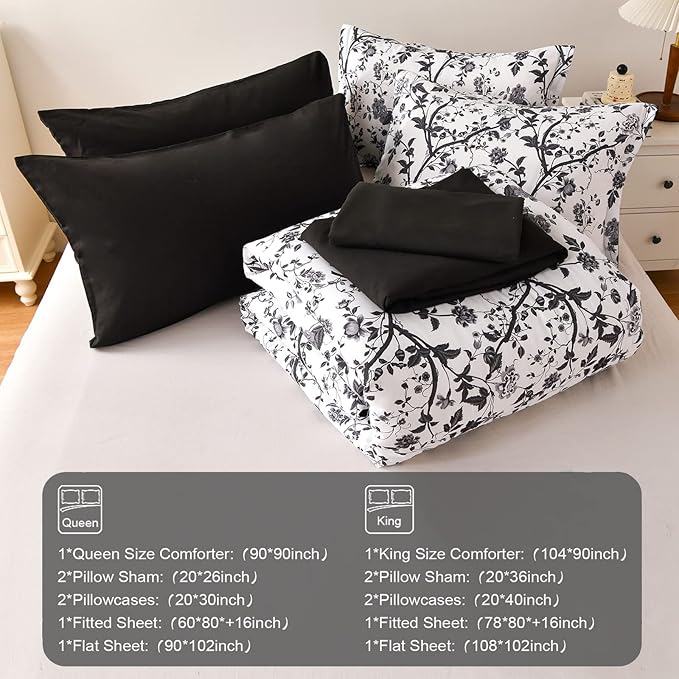 King Size Comforter Set - 7 Pieces Bed in a Bag Soft Microfiber Bedding Comforter Set Leaves Floral Pattern on White Comforter Sets with Sheets for All Seasons (King, Black)