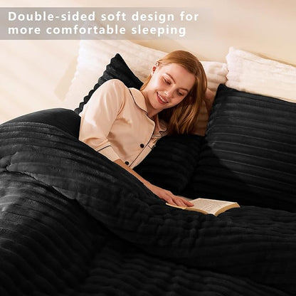 CozyLux Fluffy Full Size Comforter Sets - Super Soft Faux Fur Black Comforter Full Size, Winter Warm Fleece Bedding Set, 3 Pieces Plush Fuzzy Bed Set (1 Shaggy Comforter, 2 Pillowcases)