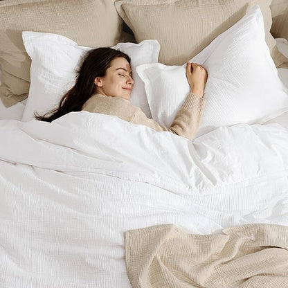 PHF Cotton Muslin Comforter Set Queen – 100% Cotton Cover, Ultra Soft & Breathable, 3PCS Lightweight All-Season Bedding with Polyester Fill, 1 Comforter 90"x90" & 2 Pillow Shams 20"x26", White