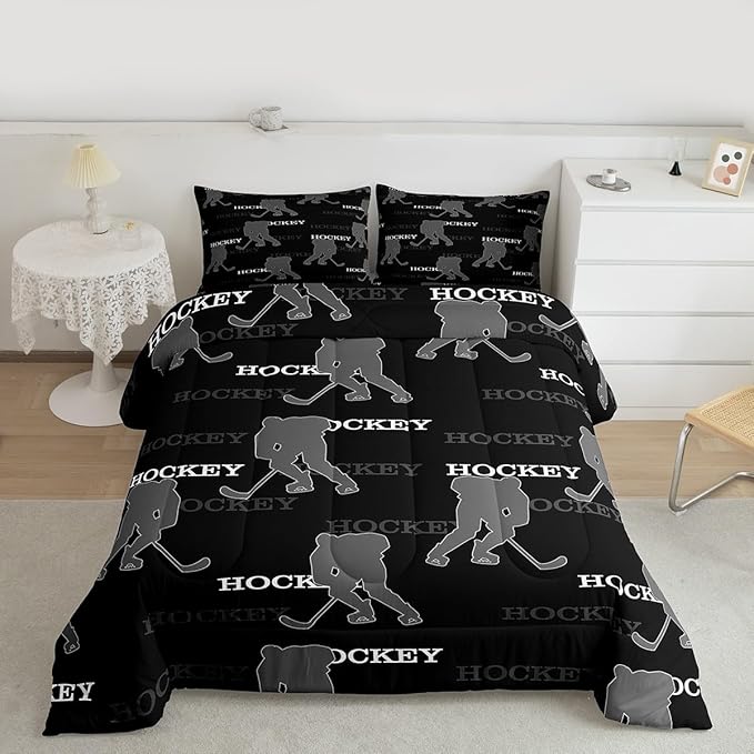 Manfei Ice Hockey Kids Comforter Set Twin Size, Bedding Set Boys Girls Room Decor,Winter Sports Modern Quilt Comforter,Black Gray Duvet Set Bedroom Quilt Set,1 Pillowcase