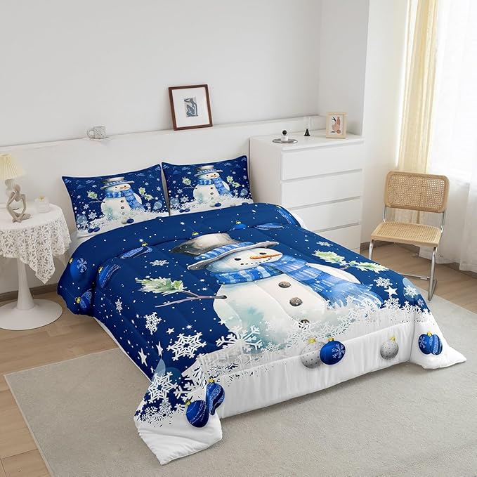 Cute Snowman Comforter Set King Size,Merry Christmas Quilt Set 3Pcs Xmas Bells and Snowflake Bedding Set for Kids Boys Girls Teens Room Decor Cartoon Blue White Duvet Insert,2 Pillowcases