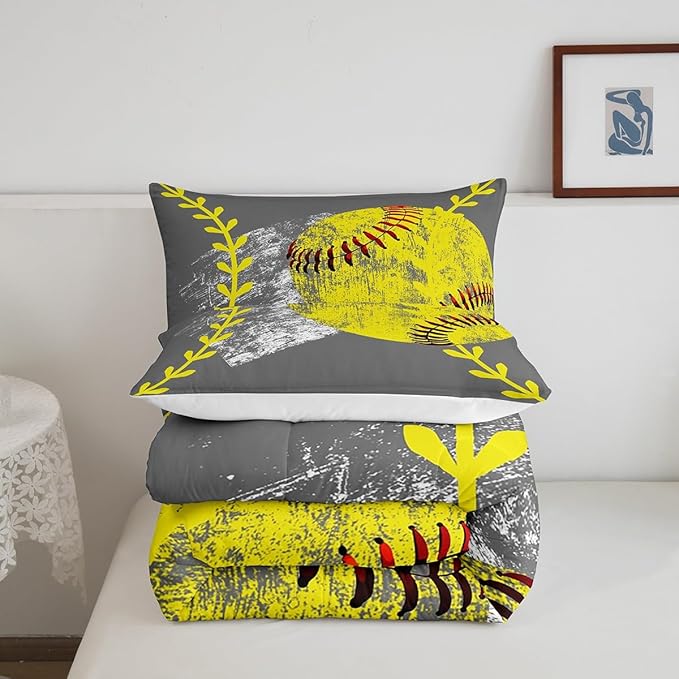 Erosebridal Softball Comforter Set for Kids Boys Girls,Yellow Baseball Bedding Set King,Graffiti Watercolor Ball Game Duvet Insert Bedroom Decor,Young Man Sports Down Comforter with 2 Pillowcases