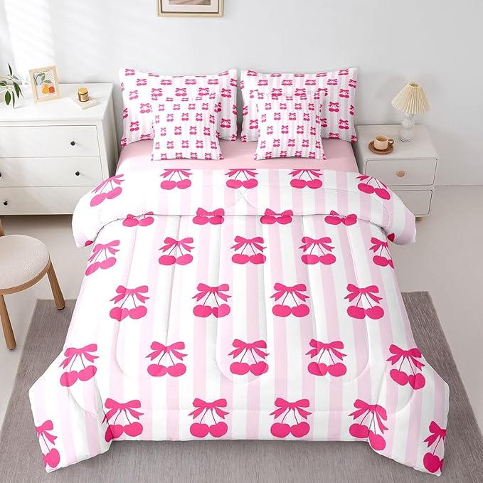 Feelyou Pink Girls Bow Bedding Set for All Season King Size Kawaii Cherry Prints 7 Pieces Comforter Sets for Boys Teens Decor Stripes Bed in a Bag with Comforter, Sheets, Pillowcases & Cushion Cover