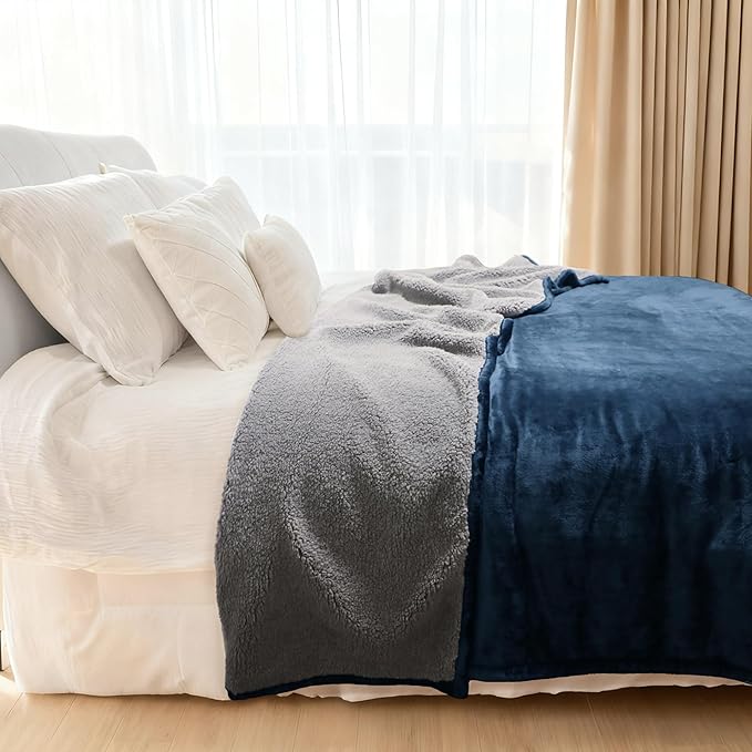 Genteele Sherpa Throw Blanket Super Soft Reversible Ultra Luxurious Plush Blanket, 60 x 70 inches, Navy/Gray