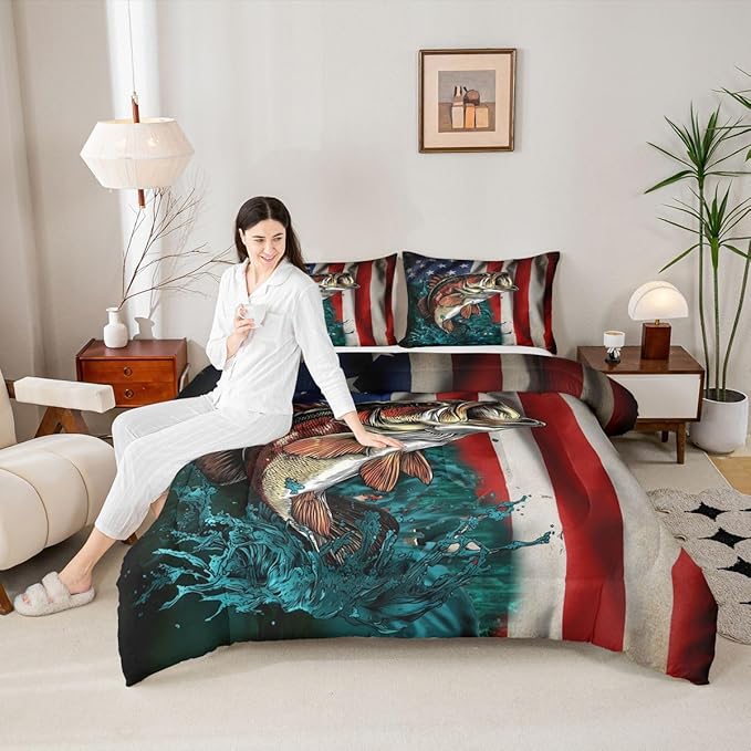 American Flag Bass Fishing Comforter Set Boys Vintage USA Flag Grunge Stripes Bedding Set Big Pike Fish Hunting and Fishing Farmhouse Decor Duvet Insert Fishing Lover Hunting Quilt King Size