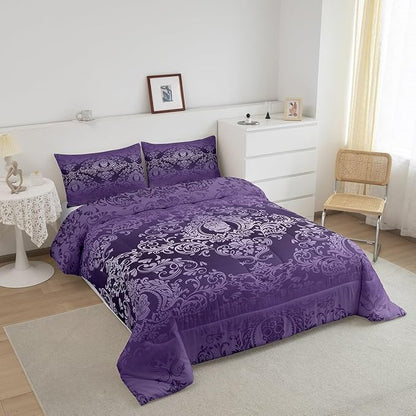 Feelyou Adults Purple Vintage Damask Floral Comforter Set Oriental Antique Comforter Twin Size Gothic Bohemia Boho Bedding Set Exotic Sugar Skull Duvet Set Quilt Set 2Pcs