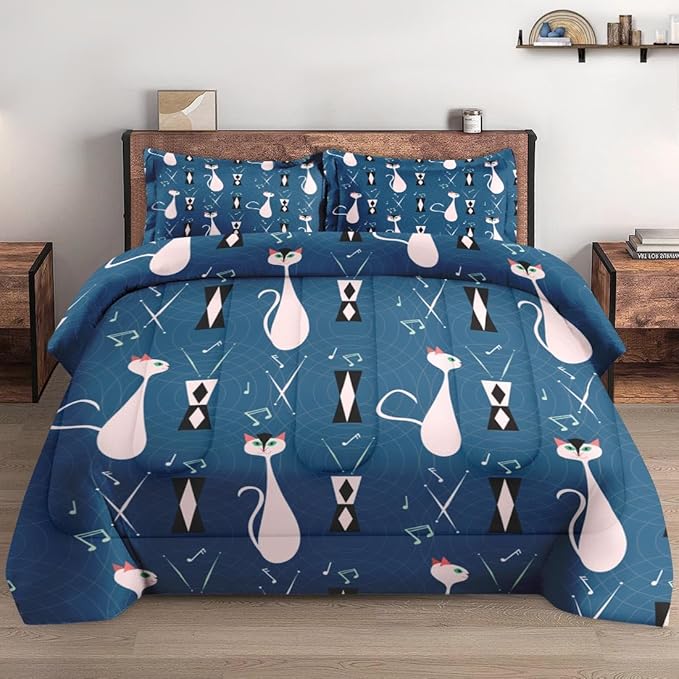 Comforter Set Twin Size, Musical Cat Blue 2 Pcs Soft Bedding Set for Kids and Adults, Pink Green Mid Century Comforter Set with Pillowcase, for Bedroom Bed Decor