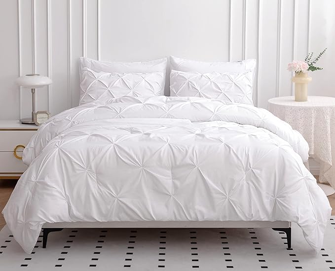 LANE LINEN Twin Comforter Set, 5 Piece Twin Bedding Sets, Ultra Soft Pintuck Twin Bed in a Bag Set with Down Alternative Comforter, Sheets, Pillowcase & Sham, Pinch Pleated Bedding Set - White