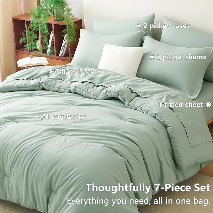 CozyLux Queen Comforter Set 7 Pieces Bed in a Bag Queen, Sage Green Bedding Comforter Set with Sheets All Season, 7PC Bed Sets with Comforter, Fitted Sheets, Flat Sheets, Pillow Shams and Pillowcases