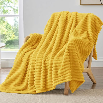 BEDELITE Fleece Throw Blanket for Couch - 300GSM Soft & Warm Fluffy Yellow Blanket, Decorative and Giftable Striped Blankets for Women, Men, 50"x60"