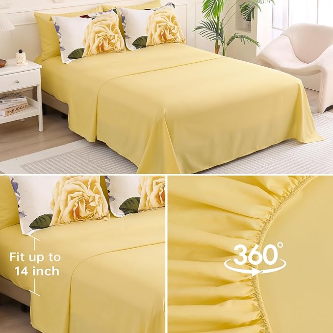 Drucon Yellow Floral Comforter Queen Size 7 Pieces Bedding Sets Bed in a Bag, Botanical Floral Comforter with Sheet Set, Soft Microfiber Bedding Set for All Season(Yellow, 90"x90")