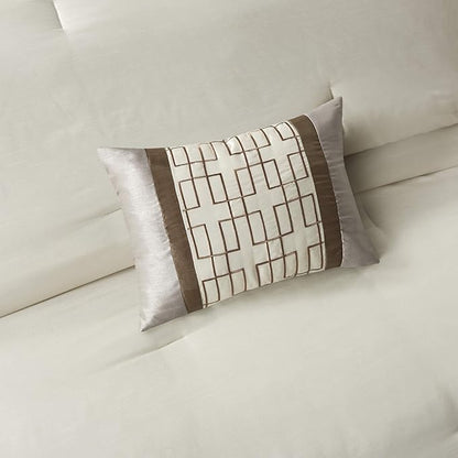 Madison Park Cozy Comforter Set-Deluxe Hotel Collection, All Season Down Alternative Luxury Bedding with Matching Shams, Decorative Pillows, King (104"x92"), Genevieve, Taupe/Brown 7 Piece