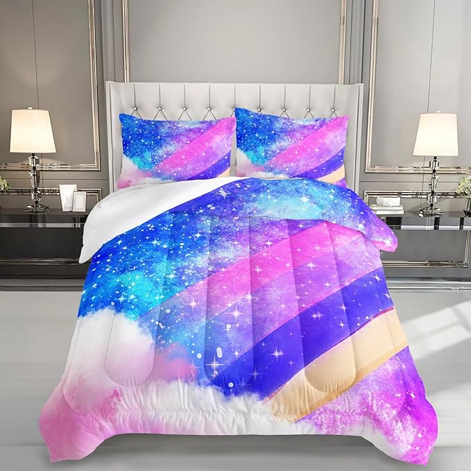 Rainbow King Size Comforter Set for Girls Kids Women,Colorful Galaxy Microfiber 3 Piece Bedding Set,All Season Down Alternative Bedding with Matching Sham(Violet Star)