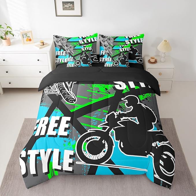jejeloiu Boys Dirt Bike Racer 7 Piece Bedding Set Full Size Motocross Hip Hop Comforter Set with Sheets for Kids Adult Motorcycle Sport Bed in a Bag Blue Green Bed Set