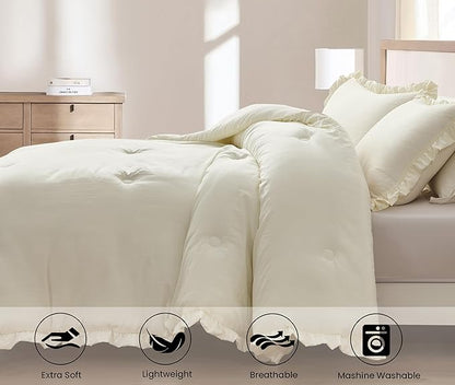 Chezmoi Collection Nora Ivory Comforter Set Oversized Queen 3-Piece Lightweight Soft Stone-Washed Ruffled Shabby Chic Bedding for All Season