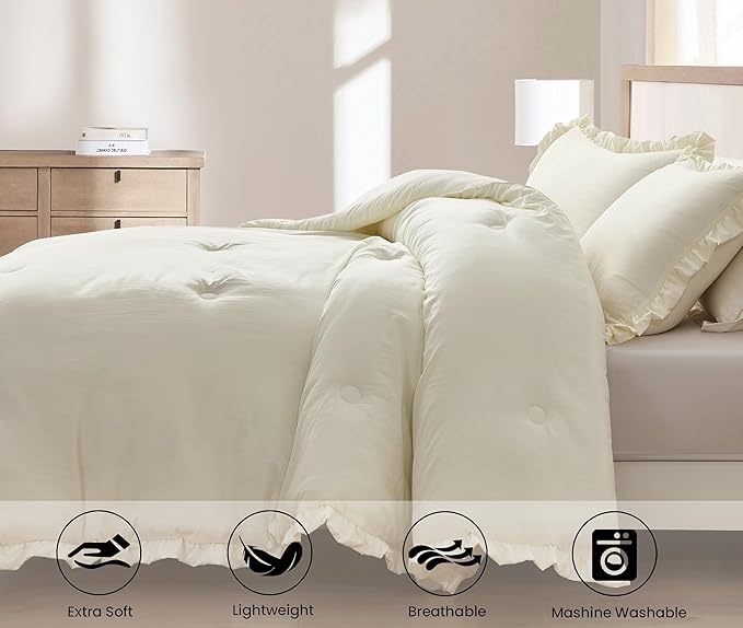 Chezmoi Collection Nora Ivory Comforter Set Ovesized King 3-Piece Fluffy Soft Stone-Washed Ruffled Shabby Chic Bedding for All Season