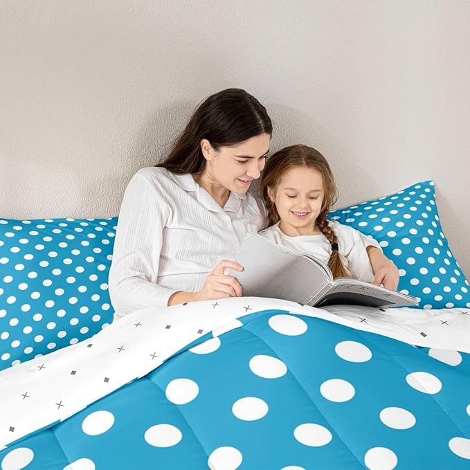 Manfei Polka Dots Comforter Set Full Size 3 Pcs,Modern Geometric Circles Abstract Simple Art Bedding Set,Cartoon French Style Dots Blue White Quilt Set for Teens Bedroom,2 Pillowcases