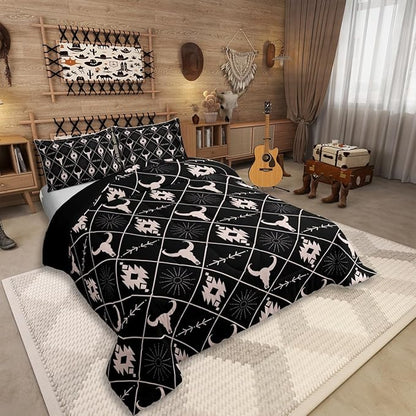 Erosebridal Bull Skull Comforter Set for Boys, Ethnic Western Horns Bedding Set King Size Tribal Aztec Boho Southwestern Duvet Insert Farmhouse Animal Vintage Quilt, 2 Pillow Cases, Black Brown