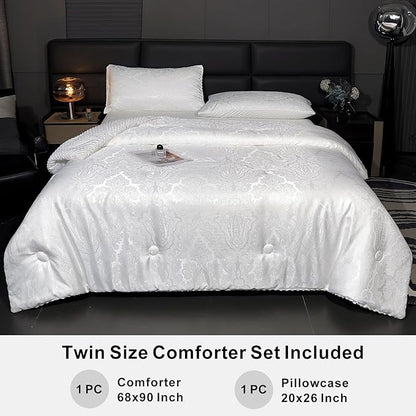 Jacquard Comforter Set - Luxury Warm Paisley Floral Pattern Twin Size Bedding with 1 Pillowcase All-Season Soft & Lightweight 3D Bubble Design Bed Set (68x90 Inches White)