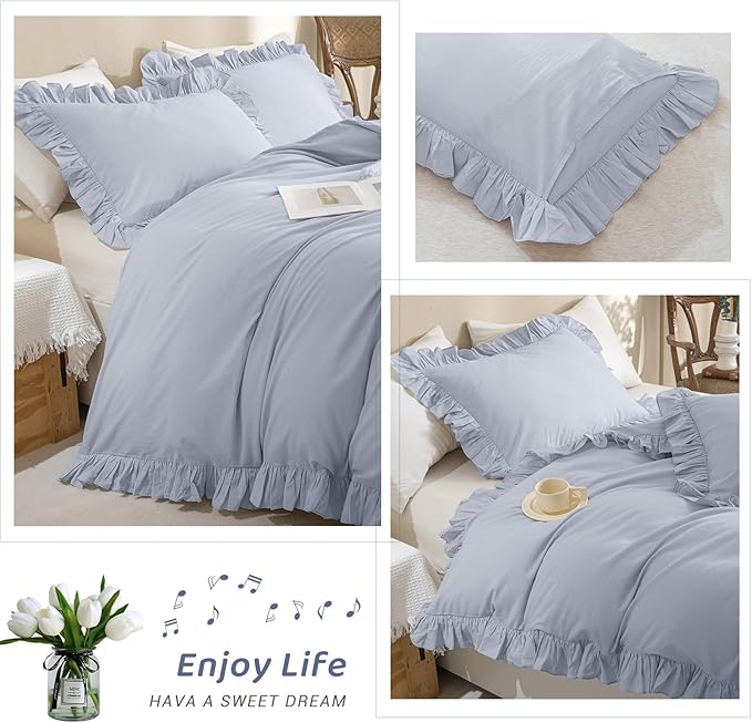 Sanracie Ruffled Bedding Comforter Sets King Size, Cotton Comforters Set 3Pcs for All Season Cornflower Blue Shabby Boho Chic Bedding French Country Farmhouse Rustic Aesthetic Bedroom Sets
