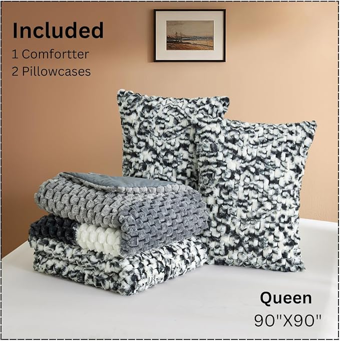 Petrichor Fluffy Queen Comforter Set - Black and White Striped Faux Fur Blanket for Queen Bed, Ultra-Soft Warm Bedding for Winter & Fall, Cozy 3 Piece Bed Set (1 Comforter & 2 Pillowcases)