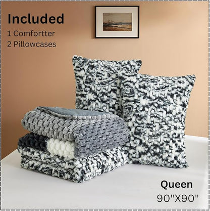Petrichor Fluffy Queen Comforter Set - Black and White Striped Faux Fur Blanket for Queen Bed, Ultra-Soft Warm Bedding for Winter & Fall, Cozy 3 Piece Bed Set (1 Comforter & 2 Pillowcases)