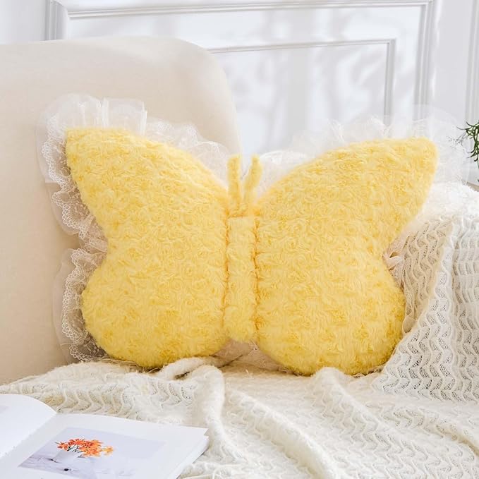 Butterfly Pillow Yellow Decorative Pillows 20" Butterfly Shaped Cute Throw Pillows with Lace Aesthetic Bow Plush Cushion for Room Decor Bed Sofa Couch