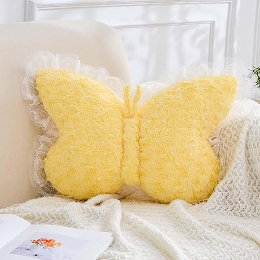 Butterfly Pillow Yellow Decorative Pillows 20" Butterfly Shaped Cute Throw Pillows with Lace Aesthetic Bow Plush Cushion for Room Decor Bed Sofa Couch