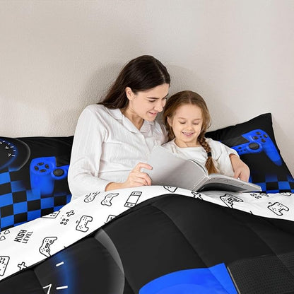 Erosebridal Gamer Bedding Set for Boys&Girls,Blue Buffalo Plaid Check Gaming Comforter Set King Size Gamer Room Decor Gift,Gamepad Alternative Duvet Insert,Gamer Quilt Set with 2 Pillowcases Soft