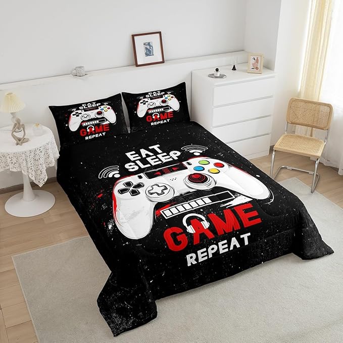 jejeloiu Eat Sleep Game Bedding Set Toddle Size Cartoon Gamer Comforter Set for Kids Boys Girls Modern Game Duvet Set Black Red Quilt Set 2Pcs