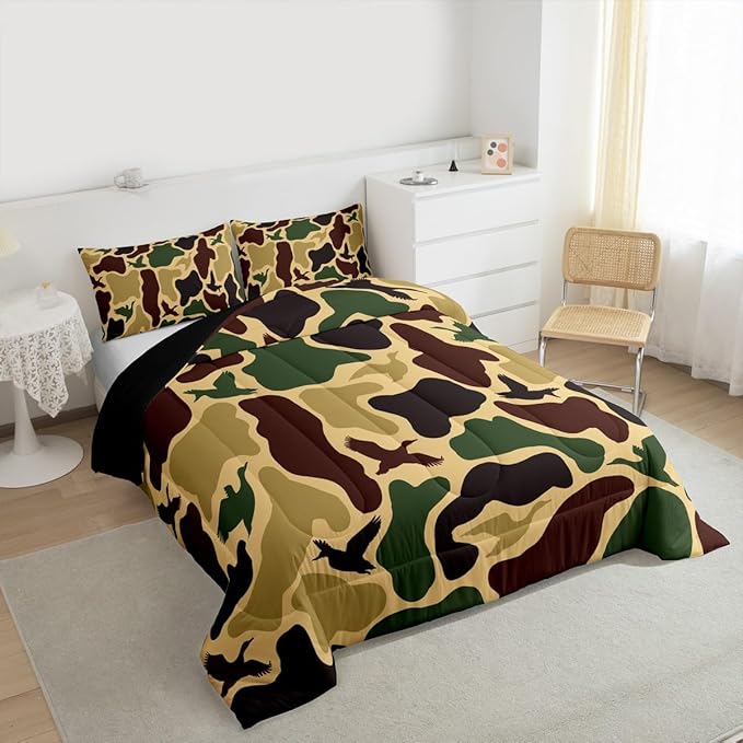 Erosebridal Camouflage Military Comforter Set Toddler Size Duck Hunting Bedding Set for Adults Teens Farmhouse Woodland Comforter Camo Huner Quilt Bedroom Decor