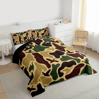 Erosebridal Camouflage Military Comforter Set Toddler Size Duck Hunting Bedding Set for Adults Teens Farmhouse Woodland Comforter Camo Huner Quilt Bedroom Decor