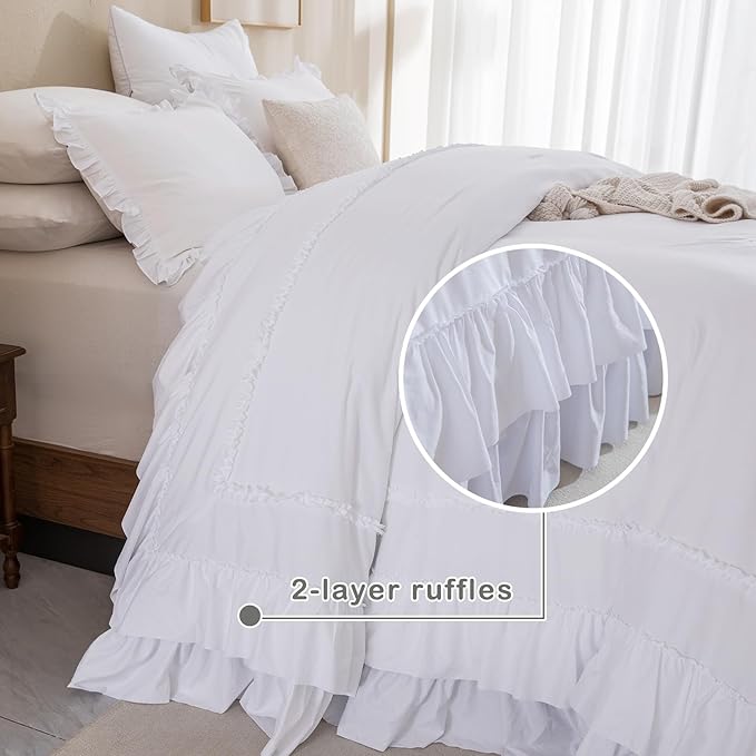 CozyTide White Oversized King Comforter 120x120,Cotton Farmhouse Shabby Boho Chic Ruffle California King Bed Comforter French Country Rustic Bedding 3PCS (1 Ruffled Comforter+2 Pillow Shams)