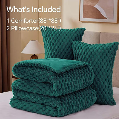 BEDELITE Fluffy Queen Comforter Set - Dark Green Fleece Soft Comforter for Queen Size Bed, Luxury Warm Bedding Set for Winter, Fuzzy Bed Set 3 Pieces (1 Comforter, 2 Pillowcases)