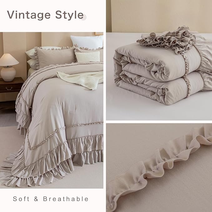 QSH Taupe Oversized King Comforter Set 120x120,Shabby Vintage Chic Ruffled Bedding Comforter Farmhouse French Country Rustic Comforter Microfiber Soft Fluffy Lightweight Bedding 3 PCs
