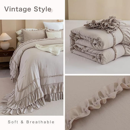 QSH Taupe Oversized King Comforter Set 120x120,Shabby Vintage Chic Ruffled Bedding Comforter Farmhouse French Country Rustic Comforter Microfiber Soft Fluffy Lightweight Bedding 3 PCs