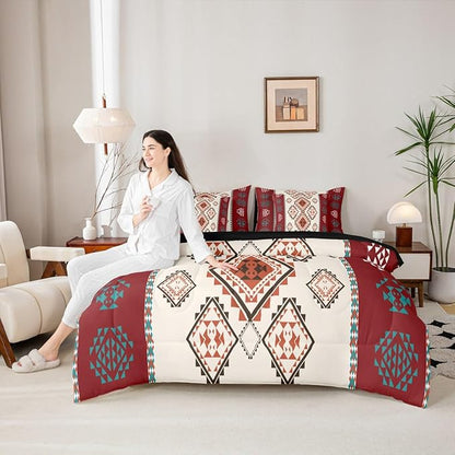 Erosebridal Vintage Western Bed in A Bag King 7 Pcs Exotic Geometric Aztec Comforter Set for Women Men Farmhouse Bohemian Mexican Style Bedding Sets Native Southwestern Sheet Set with Comforter