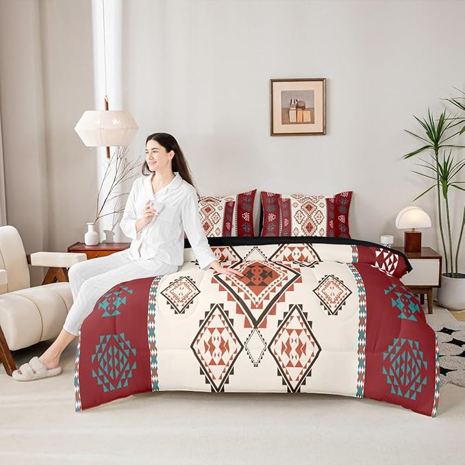 Erosebridal Vintage Western Bed in A Bag Queen 7 Pcs Exotic Geometric Aztec Comforter Set for Kids Teens Farmhouse Bohemian Mexican Style Bedding Sets Native Southwestern Sheet Set with Comforter