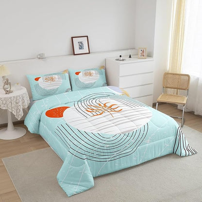 Erosebridal Modern Blue Comforter King Mid Century Bedding Set, Abstract Artwork Down Comforter Black Geometric Lines Bed Set, White Aesthetic Circle Quilted Duvet All-Season 3pcs