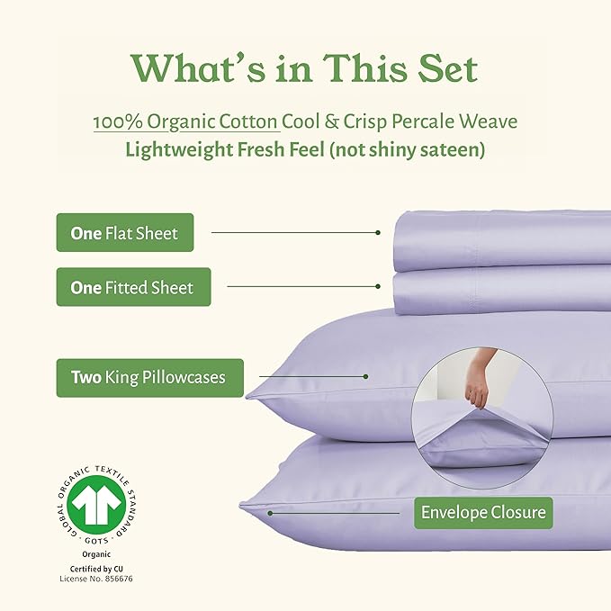 California Design Den California King Sheet Set - Soft 100% Organic Cotton Sheets with Deep Pockets, Crisp Percale, Breathable and Durable Bedding Set - Lavender Mist