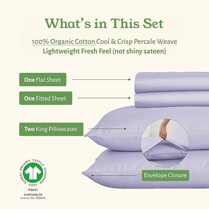 California Design Den California King Sheet Set - Soft 100% Organic Cotton Sheets with Deep Pockets, Crisp Percale, Breathable and Durable Bedding Set - Lavender Mist
