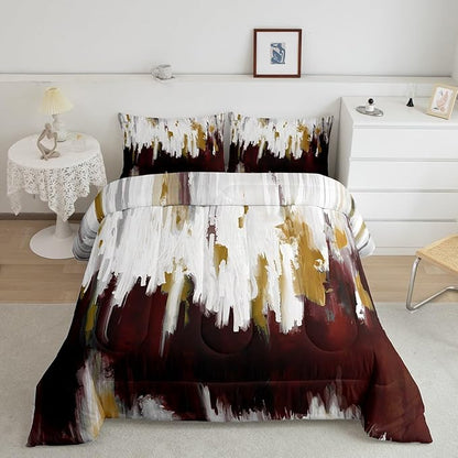 Erosebridal Burgundy Comforter Twin Ombre Abstract Art Bedding Set, Brush Marks Gradient Down Comforter Contemporary Vintage Bed Set, Watercolor Stripe Aesthetic Quilted Duvet