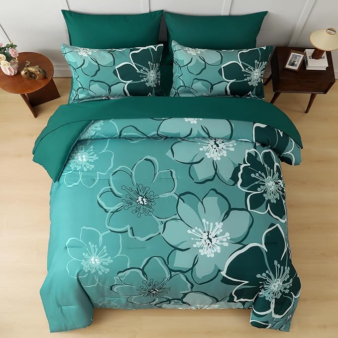 Anibedding 7Pieces Dark Green Floral Comforter Set King Size, Soft Microfiber Green Bed in a Bag Comforter Set with Sheets for All Season