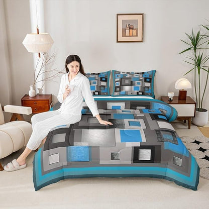 Castle Fairy Modern Comforter Set Queen Size,Blue White Gray Square Bedding Set for Kids Boys Girls Bedroom Decoration,Abstract Grid Art Bed Duvet Insert,Geometric Comforter with 2 Pillowcase