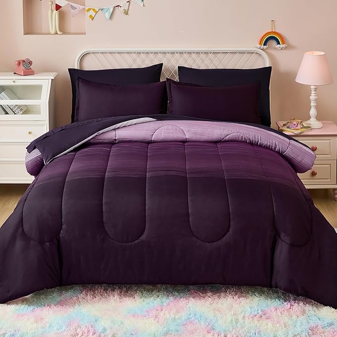 Dinjoy Girls Comforter Set Full Size Colorful Ombre Purple White Rainbow Bedding Set Bed in A Bag for Kid Teen Girls 7 Pieces (1 Comforter, 1 Flat Sheet, 1 Fitted Sheet, 2 Pillow Shams, 2 Pillowcases)