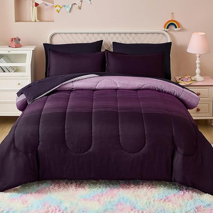Dinjoy Girls Comforter Set Queen Size 7 Pieces Bed in A Bag Ombre Purple White Rainbow Bedding Set Collections for Teen Women (1 Comforter, 1 Flat Sheet, 1 Fitted Sheet, 2 Pillow Shams, 2 Pillowcases)