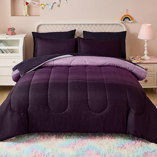 Dinjoy Girls Comforter Set Queen Size 7 Pieces Bed in A Bag Ombre Purple White Rainbow Bedding Set Collections for Teen Women (1 Comforter, 1 Flat Sheet, 1 Fitted Sheet, 2 Pillow Shams, 2 Pillowcases)