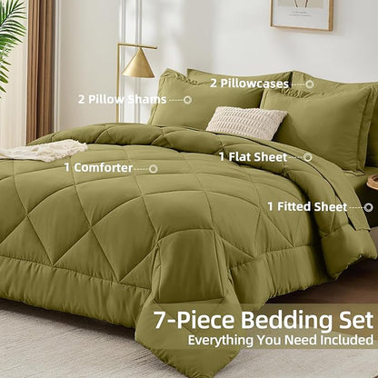 FUANNA 7 Pieces King Size Comforter Set, All Season Bed in a Bag King Size, Luxury Soft Bedding Sets with Comforter, Flat Sheet, Fitted Sheet, Pillowcases & Pillow Shams, Olive Green