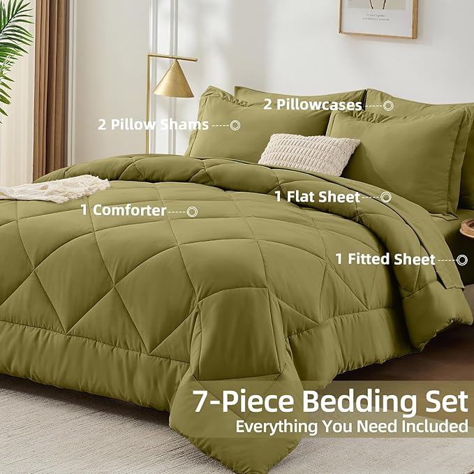 FUANNA 7 Pieces Queen Comforter Set, All Season Bed in a Bag Queen Size, Luxury Soft Bedding Sets with Comforter, Flat Sheet, Fitted Sheet, Pillowcases & Pillow Shams, Olive Green